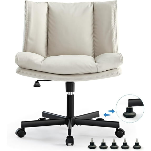 LEAGOO Criss Cross Chair with Wheels, Armless Cross Legged Office Chair, Comfy PU-Leather Desk Chair, Modern Swivel Height Adjustable Computer Task Chair, Wide Seat Cute Chair for Home Office(Beige)
