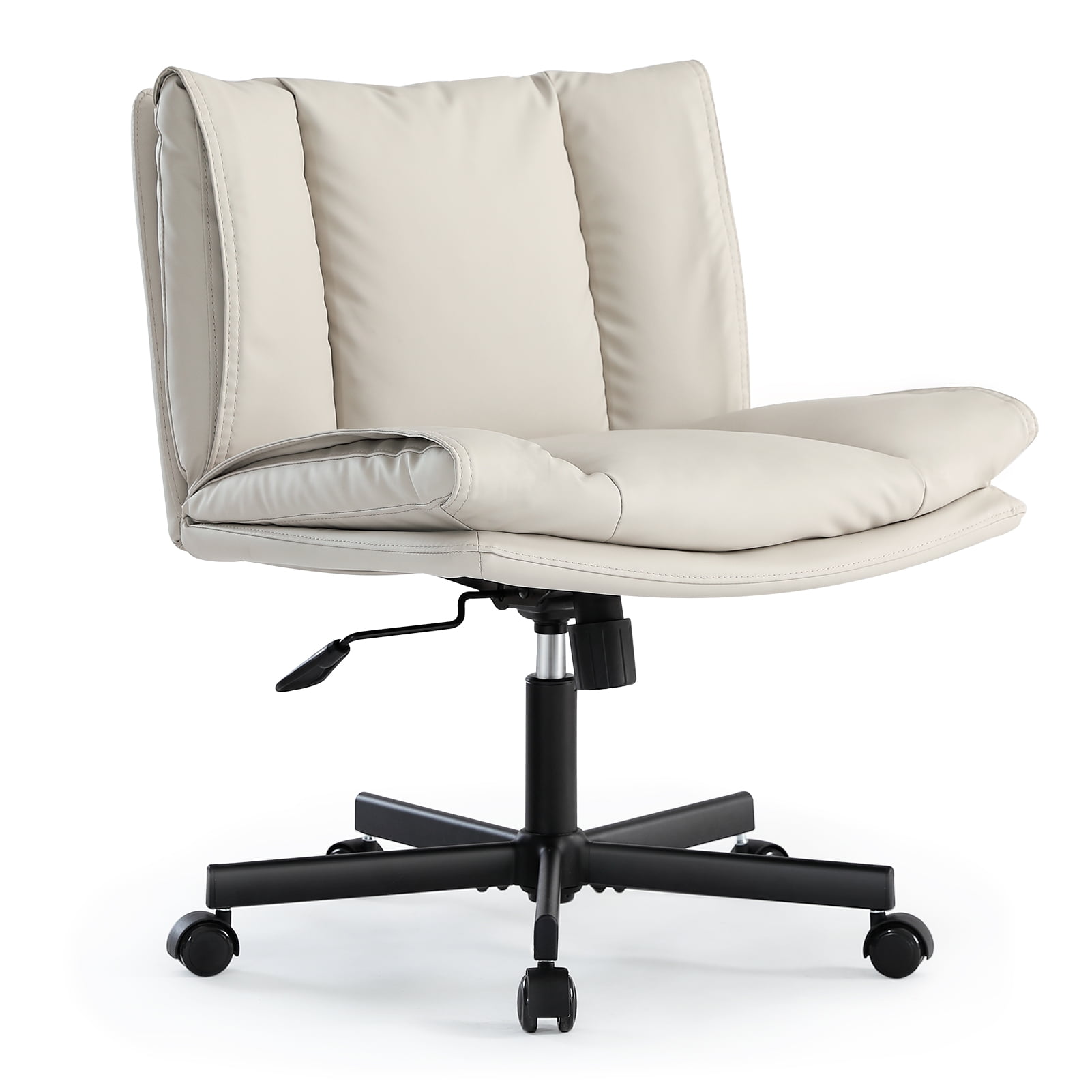LEAGOO Criss Cross Chair with Wheels, Armless Cross Legged Office Chair, Comfy PU-Leather Desk Chair, Modern Swivel Height Adjustable Computer Task Chair, Wide Seat Cute Chair for Home Office(Beige)