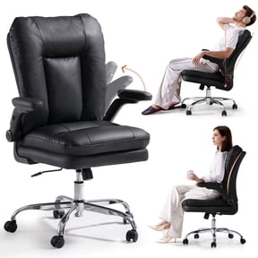 LEAGOO Ergonomic Executive Office Chair, Mid Back Comfy Desk Chairs with 3D Padded Flip-up Arms, Faux Leather Computer Rolling Chair with Wheels for Home, Adjustable Height, 300lbs, Black