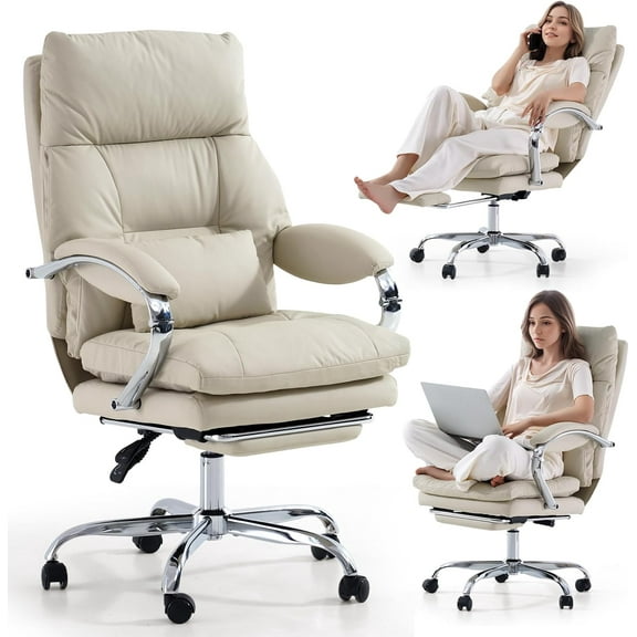 LEAGOO Office Chair with Foot Rest, Ergonomic Executive Office Chair with Arms, Reclining High Back PU Leather Comfy Swivel Computer Desk Chairs with Wheels and Lumbar Support for Home Office, Cream