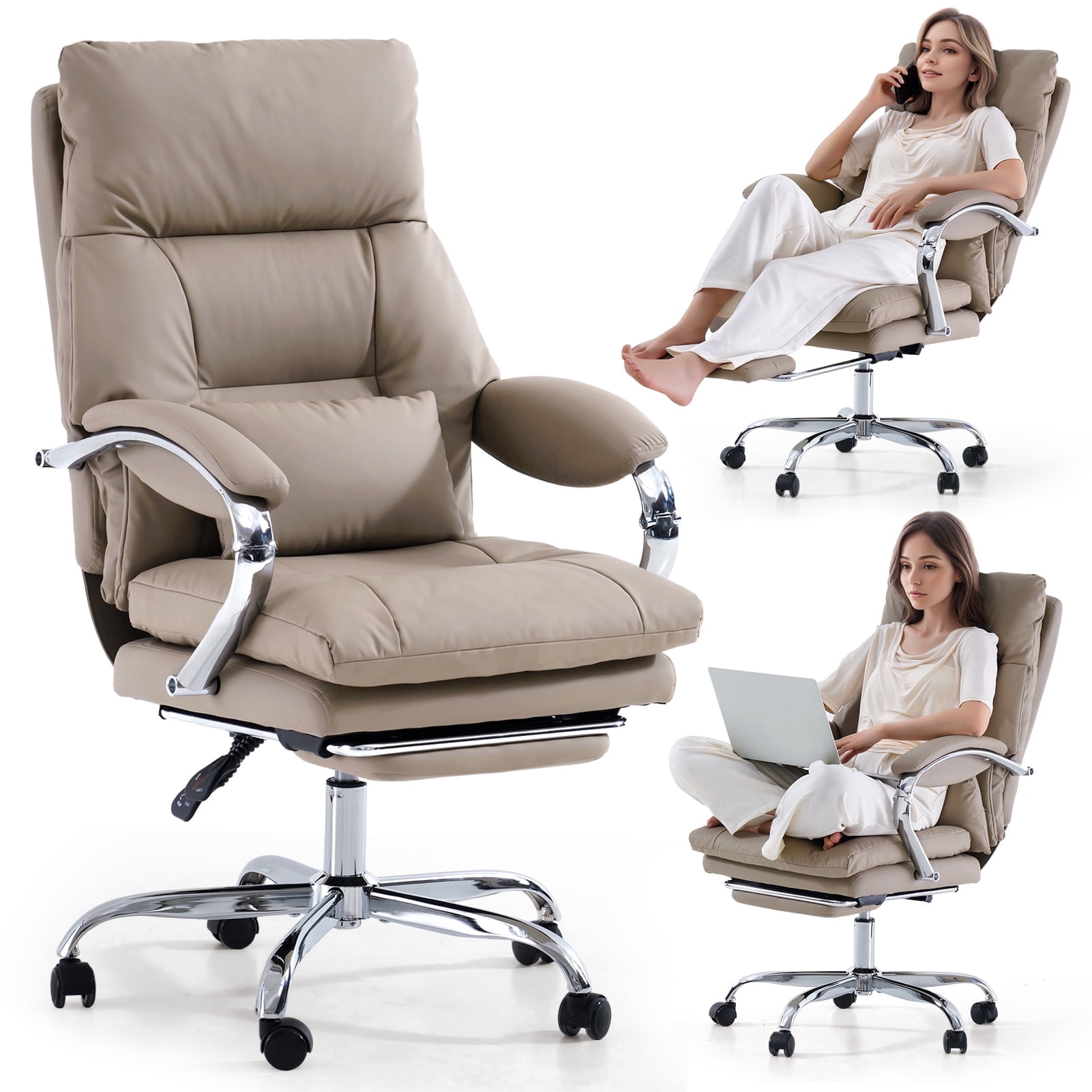 LEAGOO Office Chair with Foot Rest, Reclining Ergonomic Executive Office Chair with Armrests, High Back PU Leather Comfy Swivel Computer Chair with Wheels 300lbs, Tan