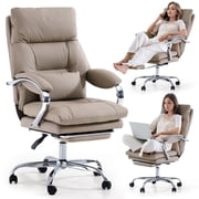 LEAGOO Office Chair with Foot Rest, Reclining Ergonomic Executive Office Chair with Armrests, High Back PU Leather Comfy Swivel Computer Chair with Wheels 300lbs, Tan