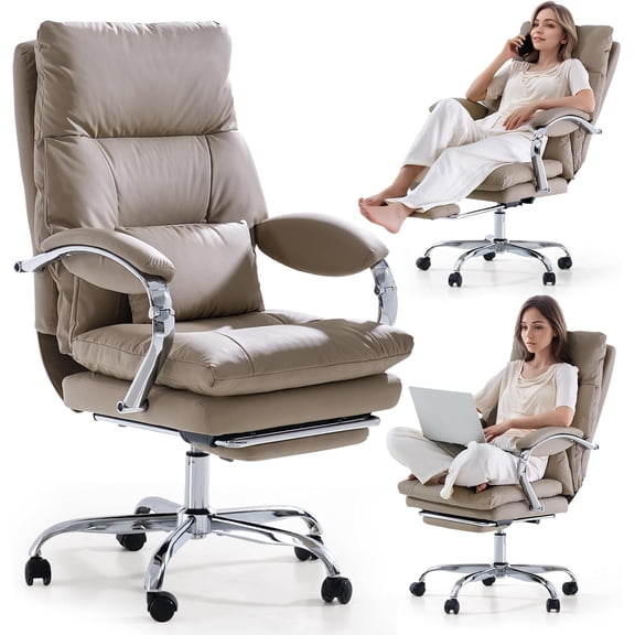 LEAGOO Reclining Office Chair with Foot Rest, Executive Office Chairs with Arms, Ergonomic High Back PU Leather Comfy Swivel Computer Desk Chairs with Wheels and Lumbar Support for Home Office, Khaki