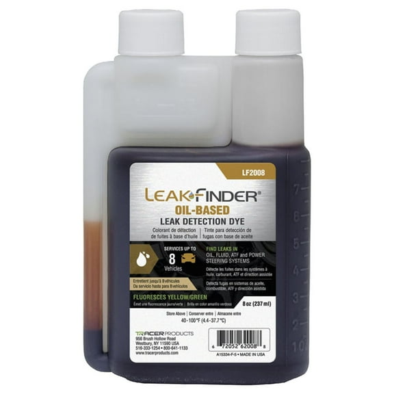 LEAKFINDER LF2008 Automotive Oil-Based Fluid Leak Detection Dye, Services Auto Oil, Fuel, ATF, Power Steering, 8oz Ultraviolet Fluorescent Dye Twin-neck Bottle, A