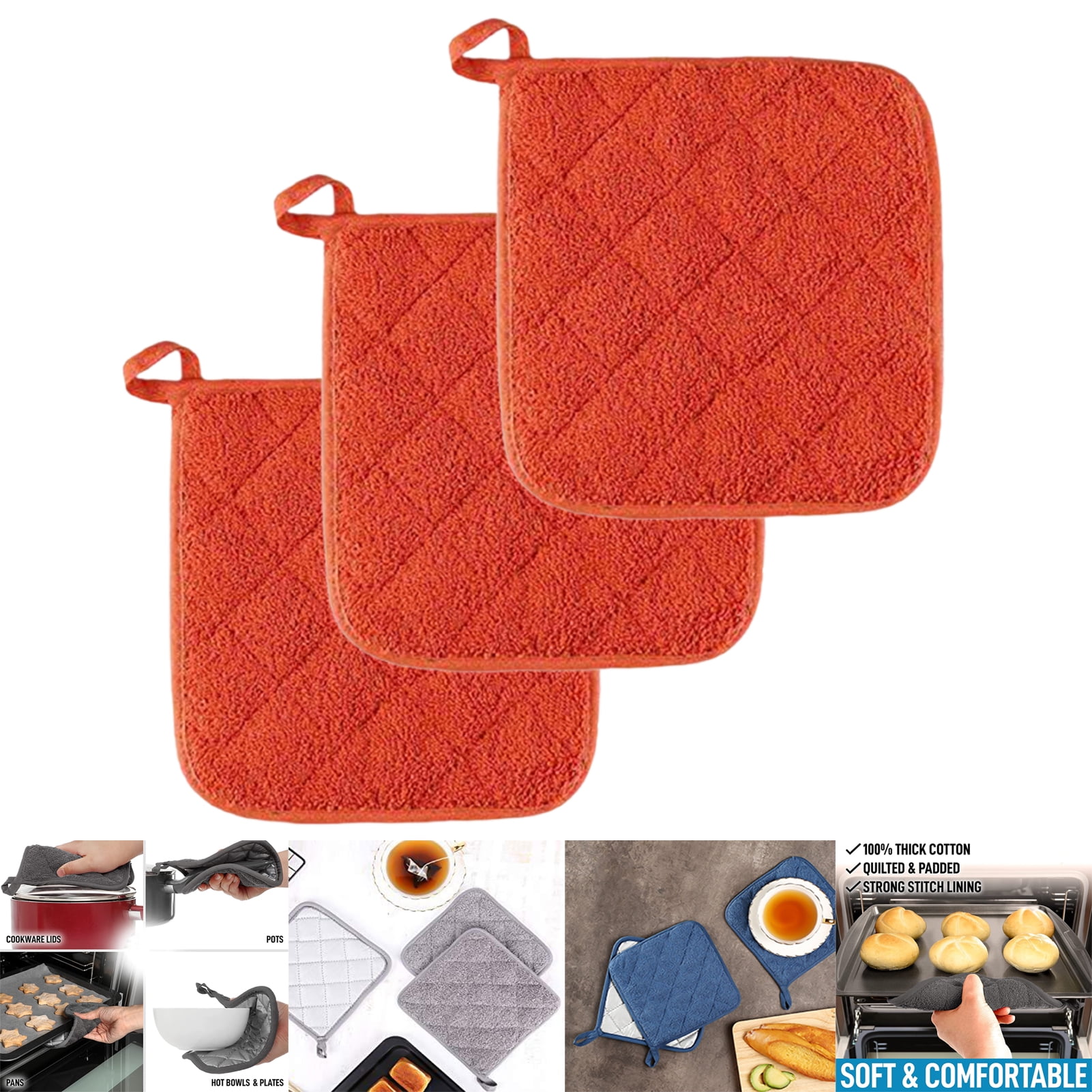 LEAQU 3Pcs Heat Resistant Cotton Kitchen Pot Holders, 7"x7" Hot Pot