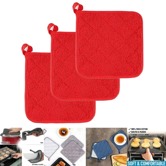 'LEAQU 3Pcs Heat Resistant Cotton Kitchen Pot Holders 7"x7" Hot Pot Holder Set Terry Cloth Padded Potholders for Kitchens Washable Potholders for Cooking and Baking