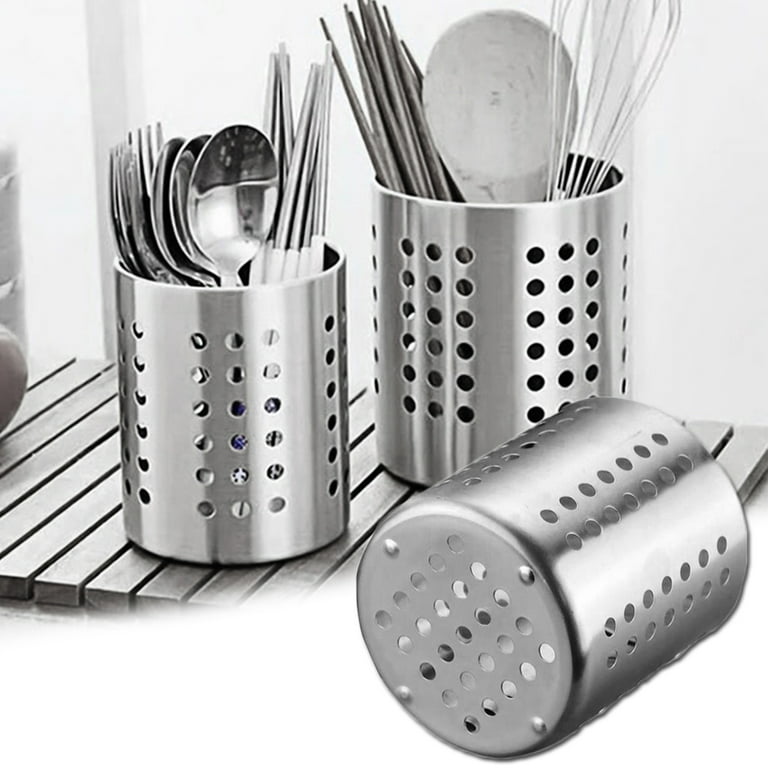 Sturdy Utensil Holder Stainless Steel Kitchen Home Office Dia 4.5 inch Cutlery Caddy, Silver