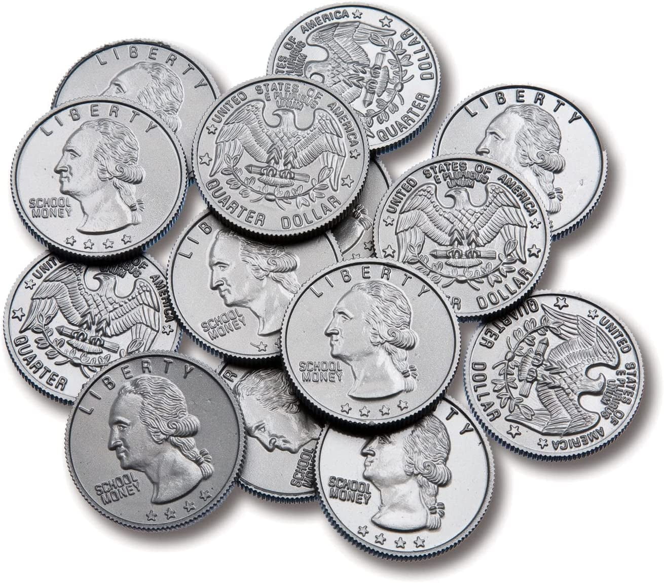 Set of 100 Realistic Silver Plastic Play Quarters