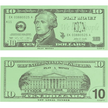 LEARNING ADVANTAGE Ten Dollar Play Bills - Set of 100 $10 Paper Bills - Designed and Sized Like Real US Currency - Teach Currency, Counting and Math with Play Money