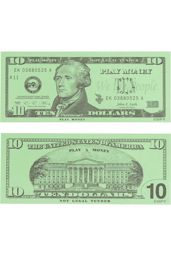 Ten Dollar Play Bills - Set of 100 $10 Paper Bills - Designed and Sized Like Real US Currency - Teach Currency, Counting and Math with Play Money