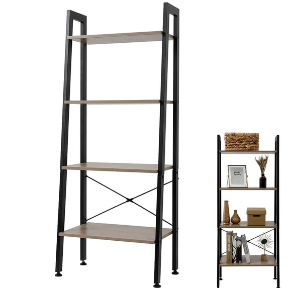 LEASEN 4-Shelf Ladder Bookshelf, Metal frame and Wood Shelves Storage Furniture for Office, Bathroom, Living Room,Gray Color