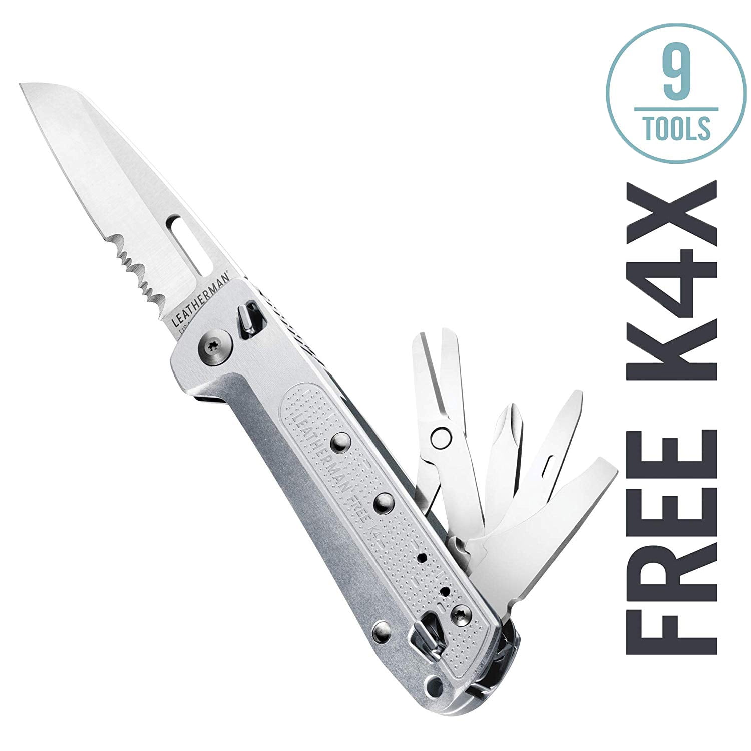 LEATHERMAN, FREE K4 EDC Pocket Multitool with Knife, Magnetic Locking, Aluminum Handles and Pocket Clip, Silver (K4X with Serrated Blade)