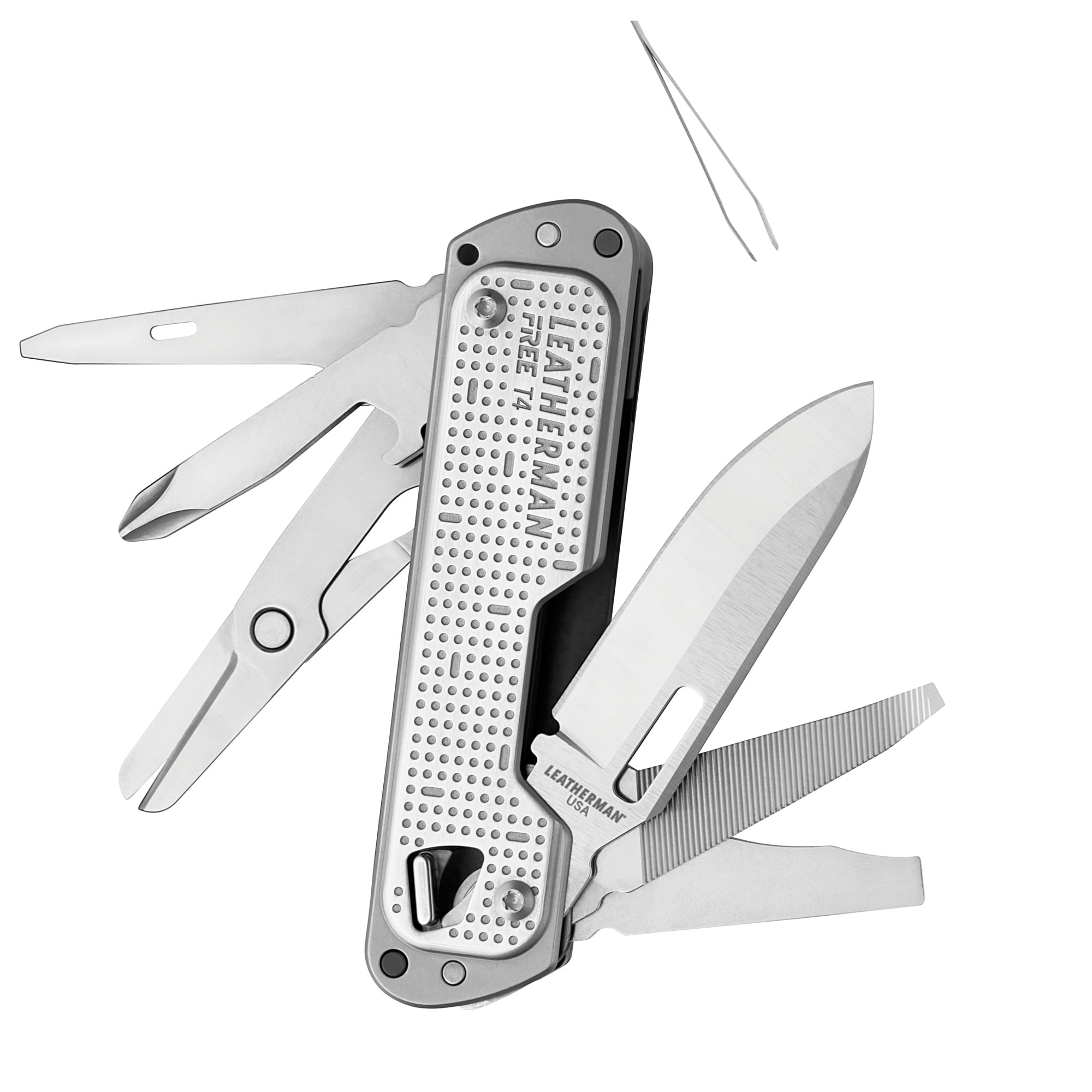 LEATHERMAN, FREE T4 Multitool and EDC Knife with Magnetic Locking and One Hand Accessible, Stainless