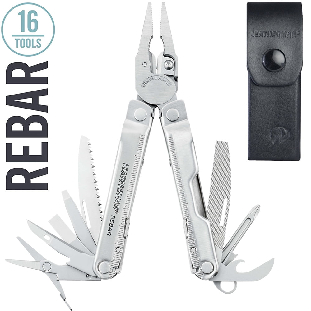 LEATHERMAN Rebar Knifeless Multitool Stainless Steel with Black Leather
