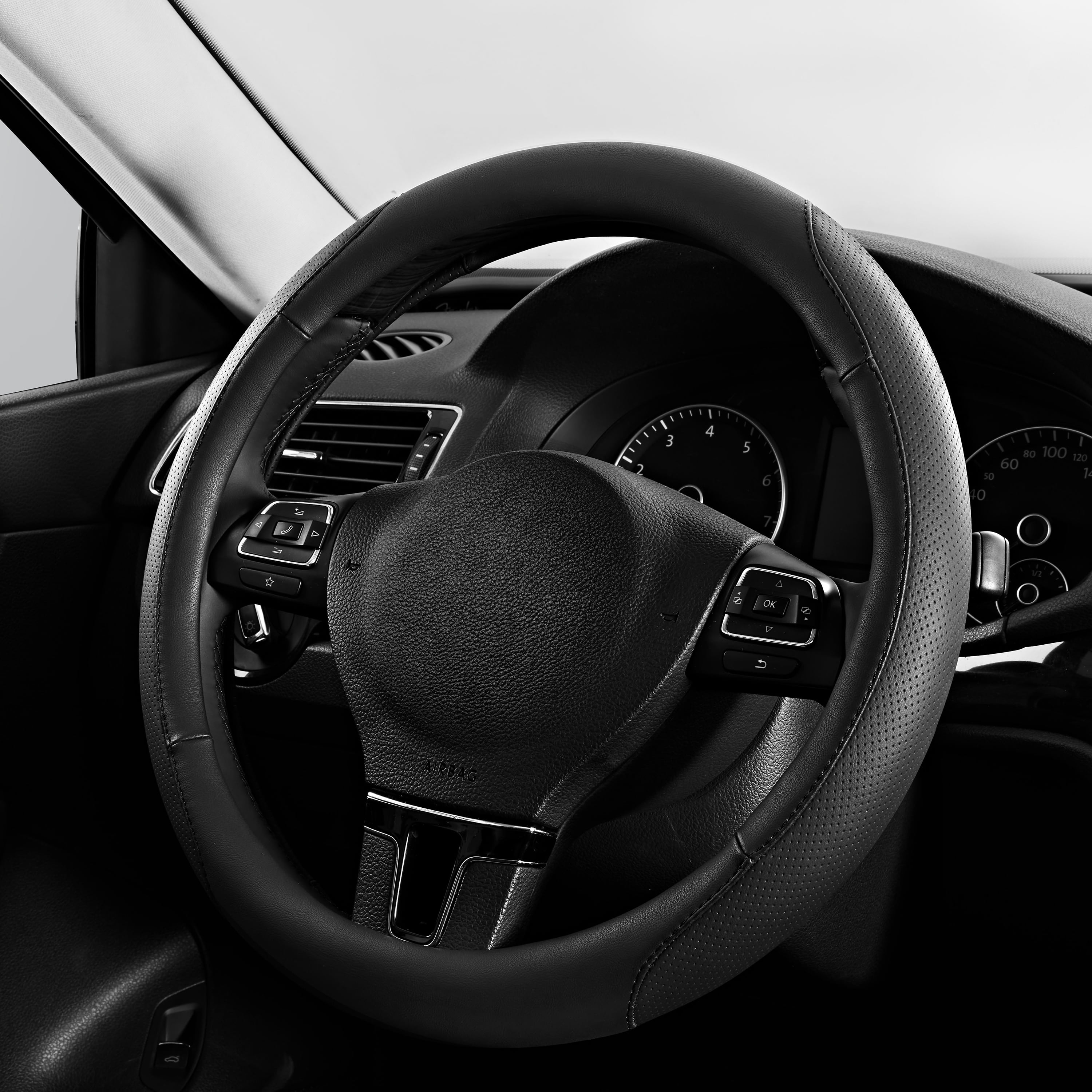 Auto Drive 1-Piece Leather Perforated Black Steering Wheel Cover - Universal Fit, 24SWC238