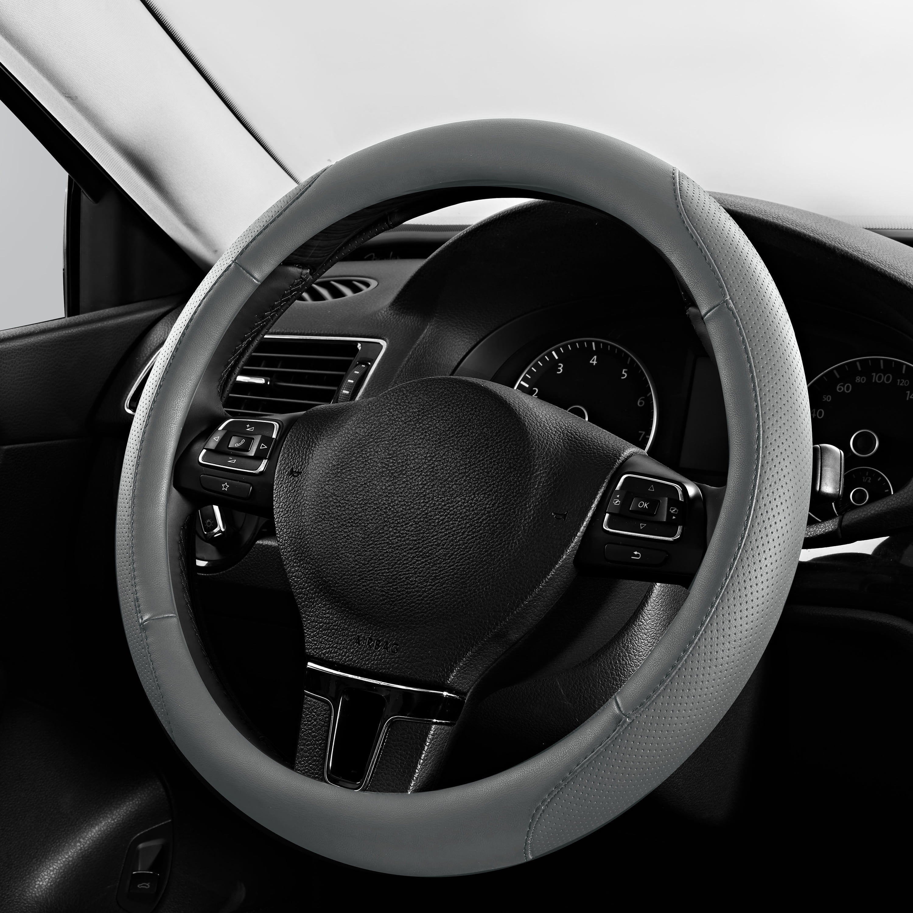Auto Drive 1-piece Soft Leather Perforated Grey Steering Wheel Cover - Universal Fit, Assembled Product-24SWC180