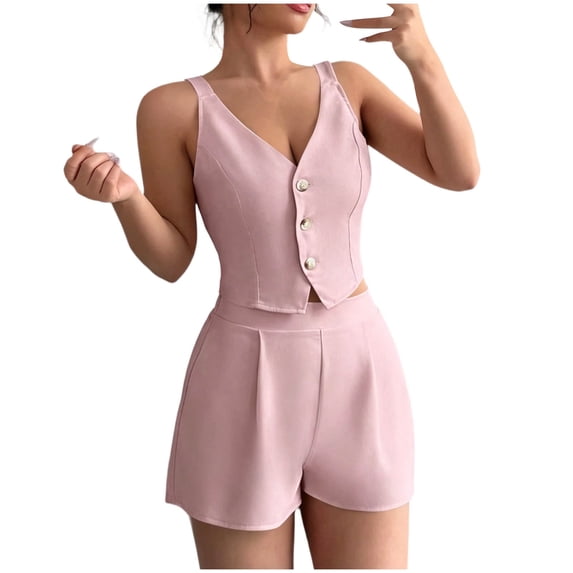 LEAVINGSUO 2 Piece Set for Women for Summer Women Fashion V Neck Sleeveless Casual Solid Color High Waisted Shorts Pink XXL
