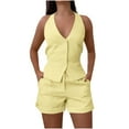 thumbnail image 1 of LEAVINGSUO 2 Piece Set for Women for Summer Women's Solid Color Sleeveless Casual Sleeveless V-neck Top/Shirt Set Yellow S, 1 of 9