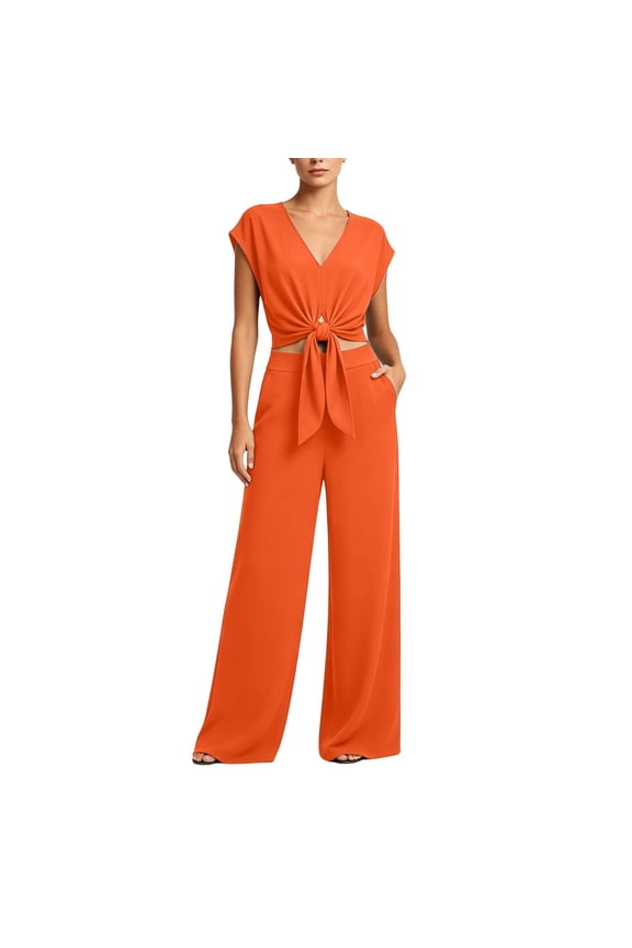 2 Piece Set for Women for Summer Women's Solid Color V-neck Vests Strap Striped Straight Leg Pants Set Orange XXL