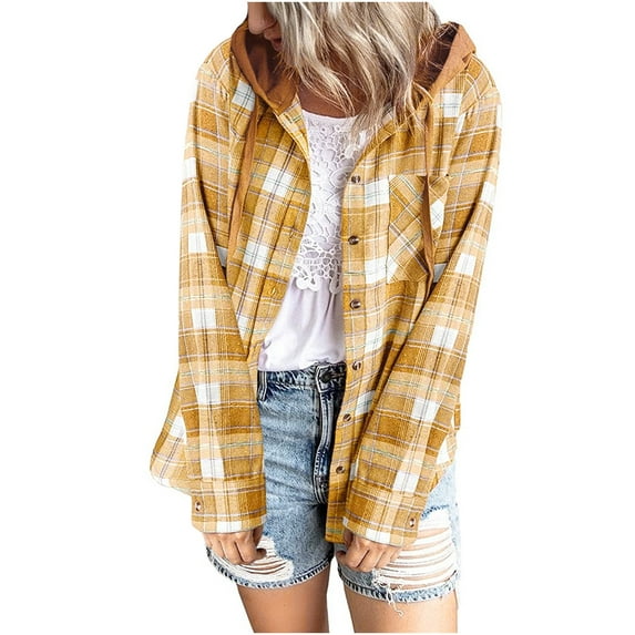 LEAVINGSUO 2023 Fall Winter Plus Size Coats for Women Clearance Women's Long Sleeve Plaid Hooded Drawstring Single Breasted Cardigan Tops