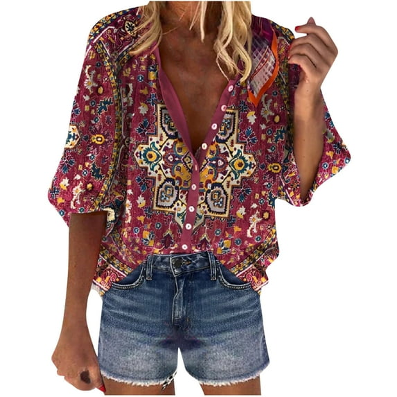 LEAVINGSUO 2026 Fall Womens Tops Plus Fashion Women Loose V-Neck 3/4 Sleeve Printed Front Button Cardigan Shirt Tops T-Shirt