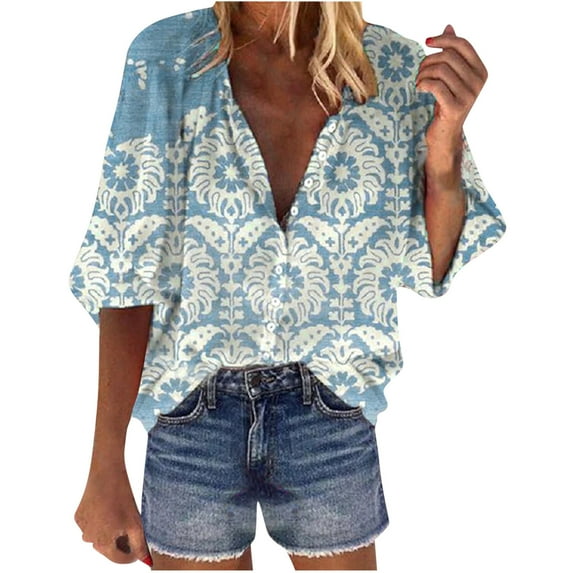 LEAVINGSUO 2026 Fall Womens Tops Plus Fashion Women Loose V-Neck 3/4 Sleeve Printed Front Button Cardigan Shirt Tops T-Shirt