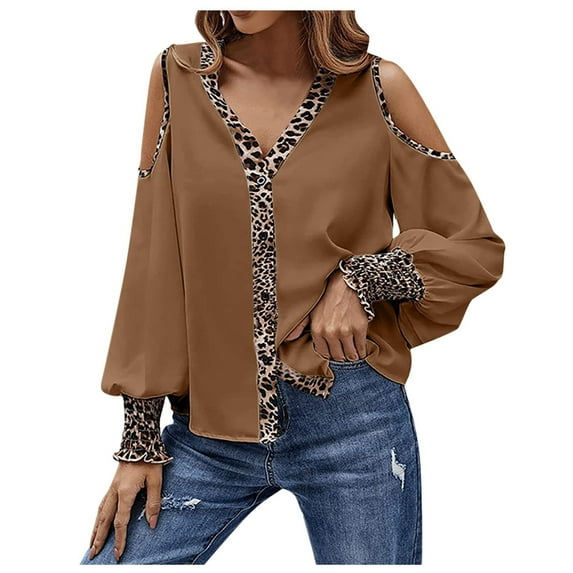LEAVINGSUO 2026 Fall Womens Tops Plus Women Leopard Print Patchwork V-Neck Button Off-Shoulder Sleeve Long Sleeve T-Shirt Long Sleeve Collar Shirt