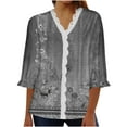 thumbnail image 1 of LEAVINGSUO 2023 Fall Womens Tops Plus Clearance Women's Fashion Lace Printing Loose T-Shirt 3/4 Sleeves Blouse V-Neck Casual Tops, 1 of 5