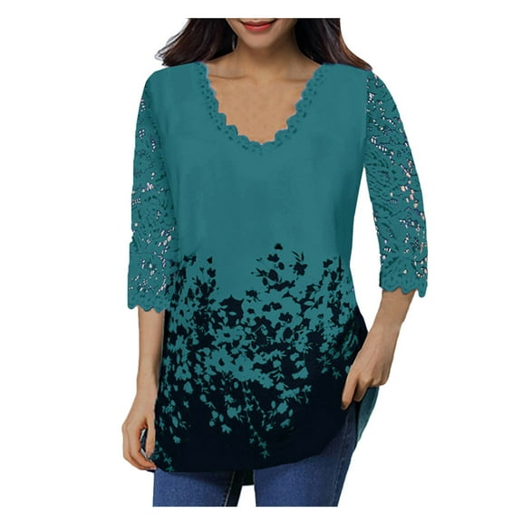 LEAVINGSUO 2026 Fall Womens Tops Plus Women's Lace 3/4 Sleeve V Neck T Shirt Ladies Floral Blouse Tunic Tops Plus Size