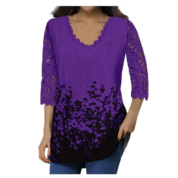LEAVINGSUO 2023 Fall Womens Tops Plus Clearance Women's Lace 3/4 Sleeve V Neck T Shirt Ladies Floral Blouse Tunic Tops Plus Size