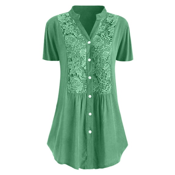 LEAVINGSUO 2026 50% off Clear! Womens Tops Fashion Women Casual Plus Size Lace Short Sleeves V-Neck Shirt Blouse Tops