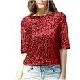 thumbnail image 1 of LEAVINGSUO 2026 50% off Clear! Womens Tops Fashion Women Fashion Half Sleeve Round Collar Printed T-Shirt Blouse Sequin Loose Tops, 1 of 6