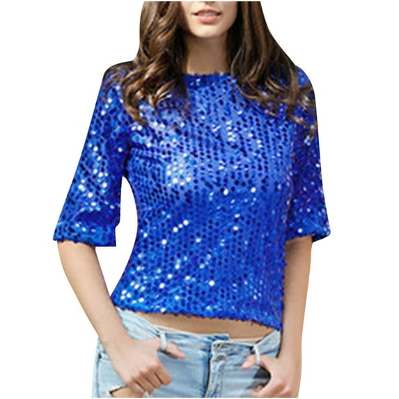 LEAVINGSUO 2026 50% off Clear! Womens Tops Fashion Women Fashion Half Sleeve Round Collar Printed T-Shirt Blouse Sequin Loose Tops