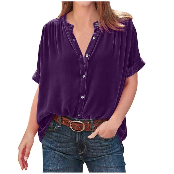 LEAVINGSUO 2024 50% off Clear! Womens Tops Clearance Women's Temperament Gold Velvet Solid Color Short Sleeved Round Neck Button Up Folded Shirt Top