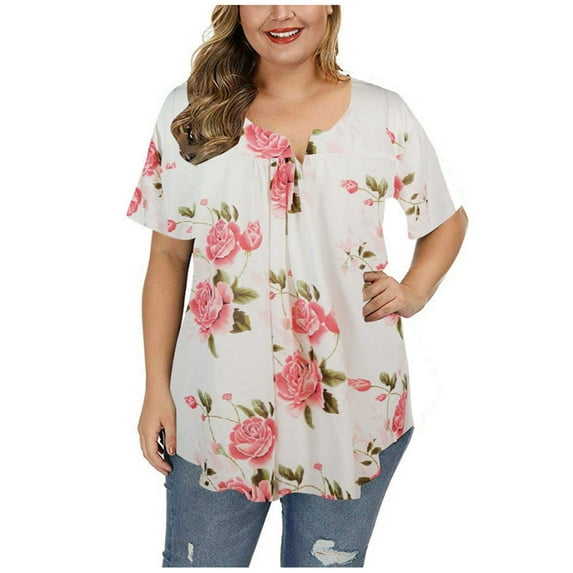 LEAVINGSUO 2024 Womens Clearance, Womens Fashion Women Plus Size Fashion Printing Short Sleeves O-Neck T-Shirt Blouse Tops