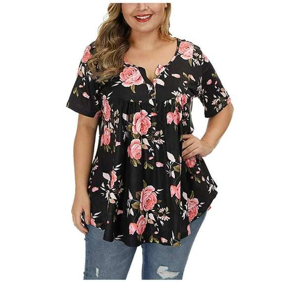 LEAVINGSUO 2024 Womens Clearance, Womens Fashion Women Plus Size Fashion Printing Short Sleeves O-Neck T-Shirt Blouse Tops