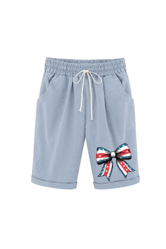 Bermuda Shorts for Women Plus Size Independence Day Printed Women’s Elastic Waist For Casual With Casual Pockets Half Shorts Pants Light Blue L
