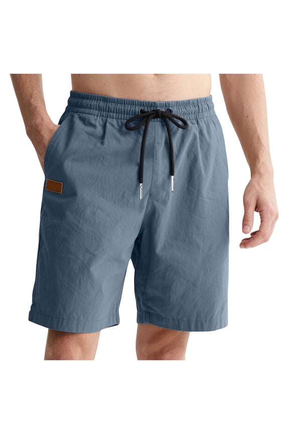 Bermuda Shorts for Men Plus Size Men's Fashion Solid Color Fallow Pockets Tether Waist Leather Label Pants Navy M