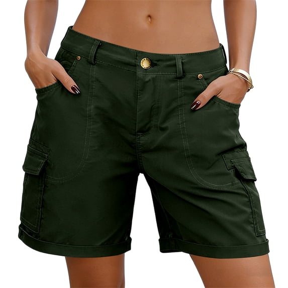 LEAVINGSUO Bermuda Shorts for Women Plus Size Solid Color Hip Lift Fitness High Waist Stretch Exercise Yoga Pants Army Green M