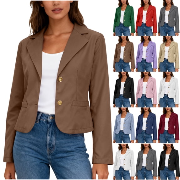 LEAVINGSUO Blazers for Women Business Casual Long Sleeve Lapel Button Slim Work Office Blazer Jacket Light Blue M