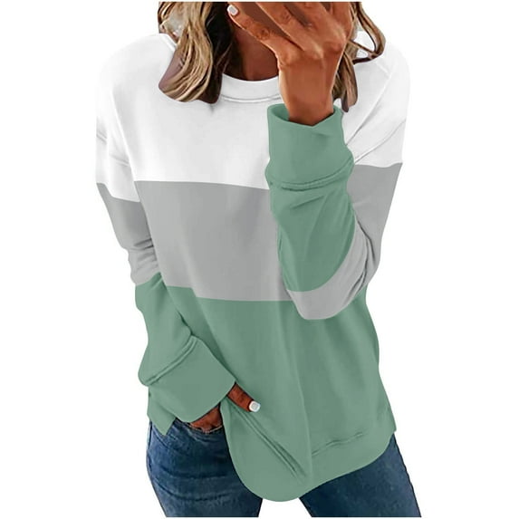 LEAVINGSUO Blouses for Women 2026 Plus Size Tops Women Casual Patchwork Printed Round Neck Long Sleeve Pullover Blouse Sweatshirt Tops Green M