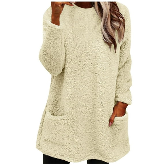 LEAVINGSUO Blouses for Women 2023 Womens Plus Size $5 Women's Round- Neck and Winter Loose Solid Pocket Warm Long Sleeve Blouse Tops Beige XXL