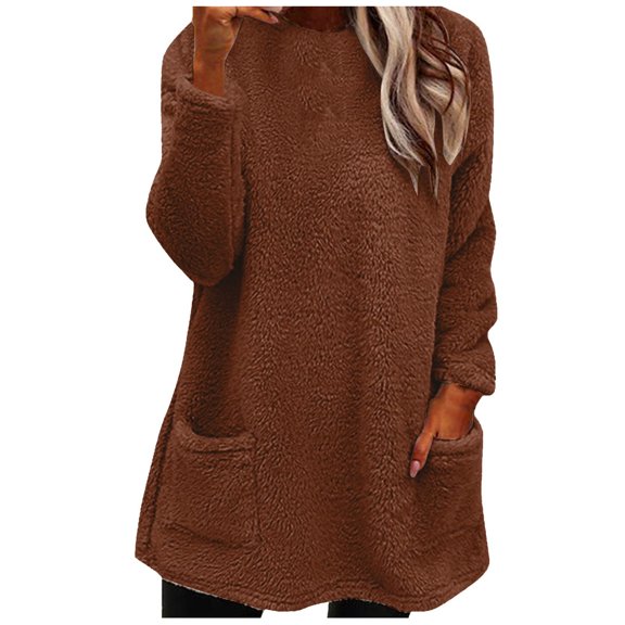 LEAVINGSUO Blouses for Women 2023 Womens Plus Size $5 Women's Round- Neck and Winter Loose Solid Pocket Warm Long Sleeve Blouse Tops Brown XXL