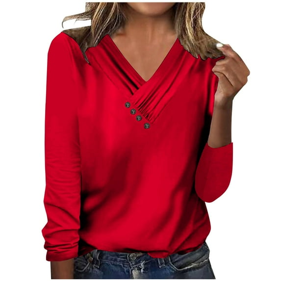 LEAVINGSUO Blouses for Women 2026 Womens Plus Size $5 Women's Long Sleeve Summer V Neck Sexy Casual Tops Regular Blouse Tops Red S