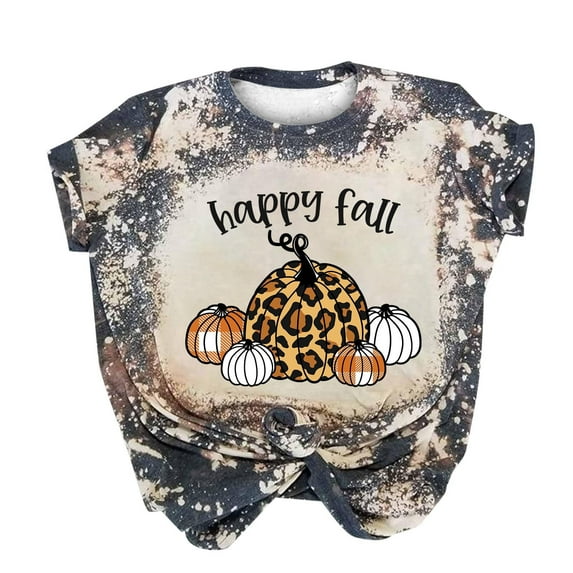 LEAVINGSUO Blouses for Women Clearance $5 Ladies Tops Women Casual Short Sleeve Digital Tie Printing Round Neck Loose T-Shirt Blouse Tops