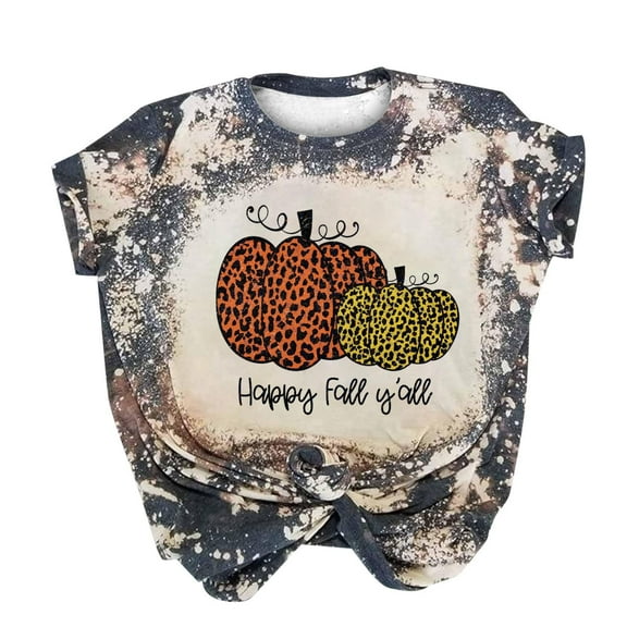 LEAVINGSUO Blouses for Women $5 Ladies Tops Women Casual Short Sleeve Digital Tie Printing Round Neck Loose T-Shirt Blouse Tops