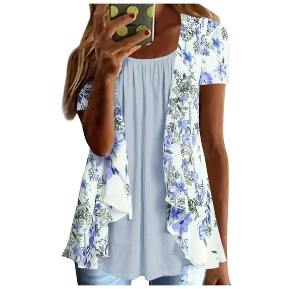LEAVINGSUO Blouses for Women $5 Ladies Tops Womens Summer Casual Printing Round Neck Short Sleeve Tops Loose Blouses