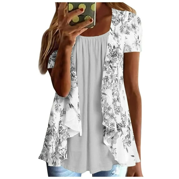 LEAVINGSUO Blouses for Women Clearance $5 Ladies Tops Womens Summer Casual Printing Round Neck Short Sleeve Tops Loose Blouses