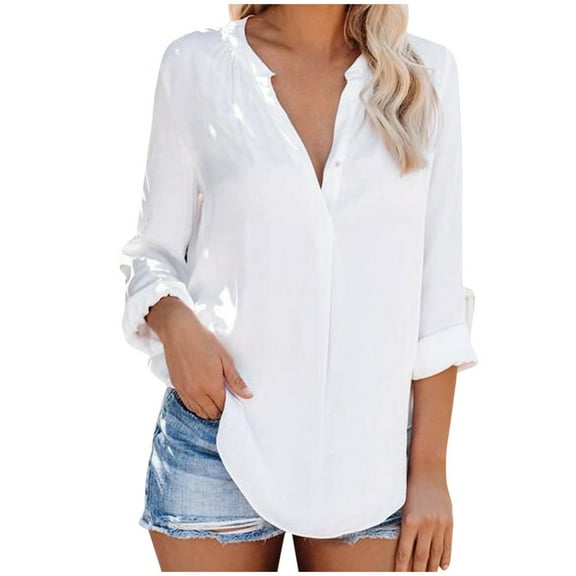 LEAVINGSUO Blouses for Women Fashion Womens White Long Sleeve V Neck Tee Casual Popular Blouse Tops