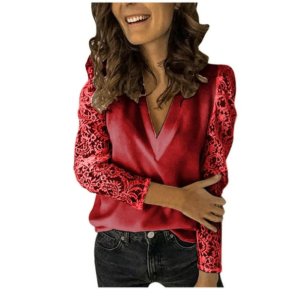 LEAVINGSUO Blouses for Women Large Size Women Lace Solid Splicing Long Sleeve Slim Blouse V-Neck Tops Shirt